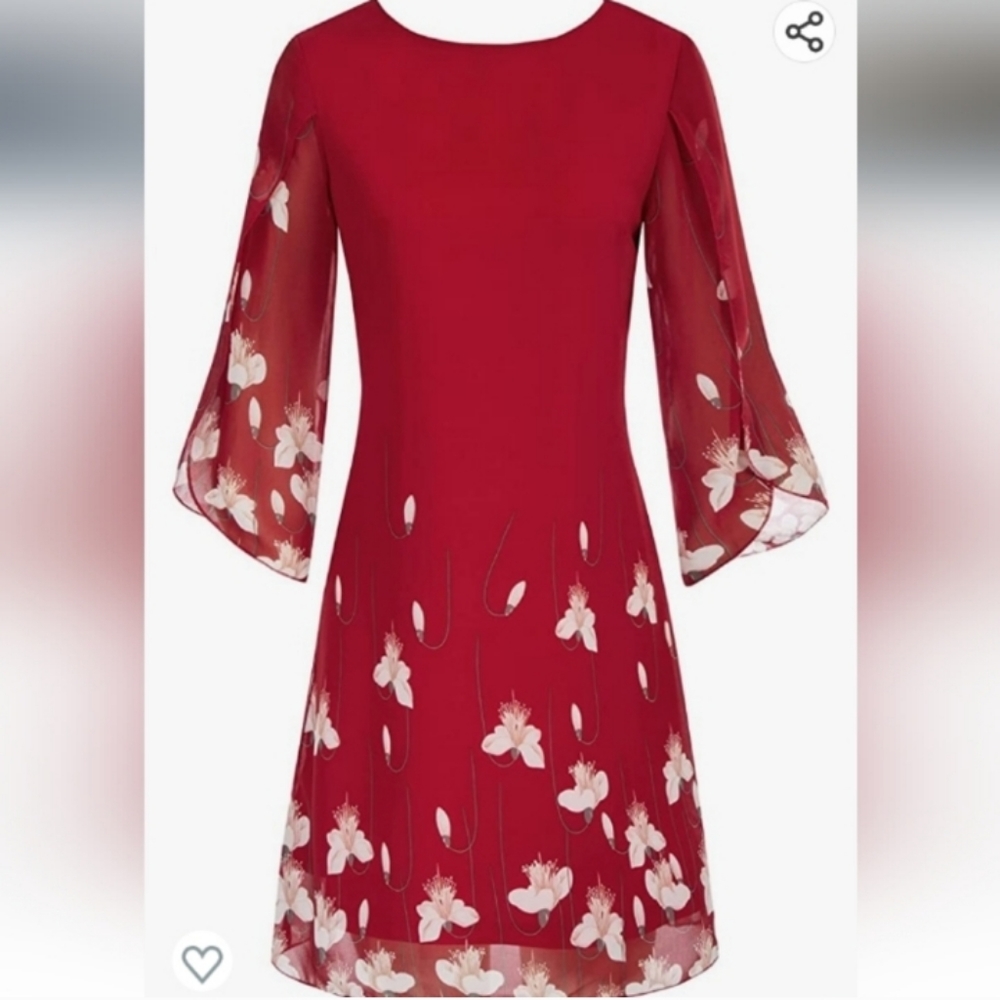 Grace Karin Red Floral Chiffon Long Sleeve Dress Tunic